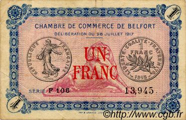 1 Franc FRANCE Regionalismus und verschiedenen Belfort 1917 JP.023.29 SS to VZ