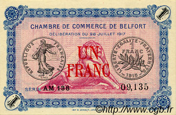 1 Franc FRANCE Regionalismus und verschiedenen Belfort 1917 JP.023.32 fST to ST