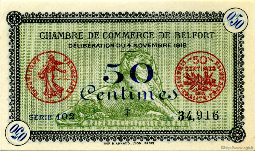 50 Centimes FRANCE Regionalismus und verschiedenen Belfort 1918 JP.023.34 fST to ST