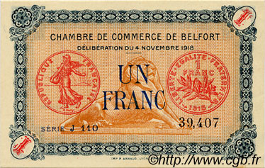 1 Franc FRANCE regionalism and various Belfort 1918 JP.023.37 AU+