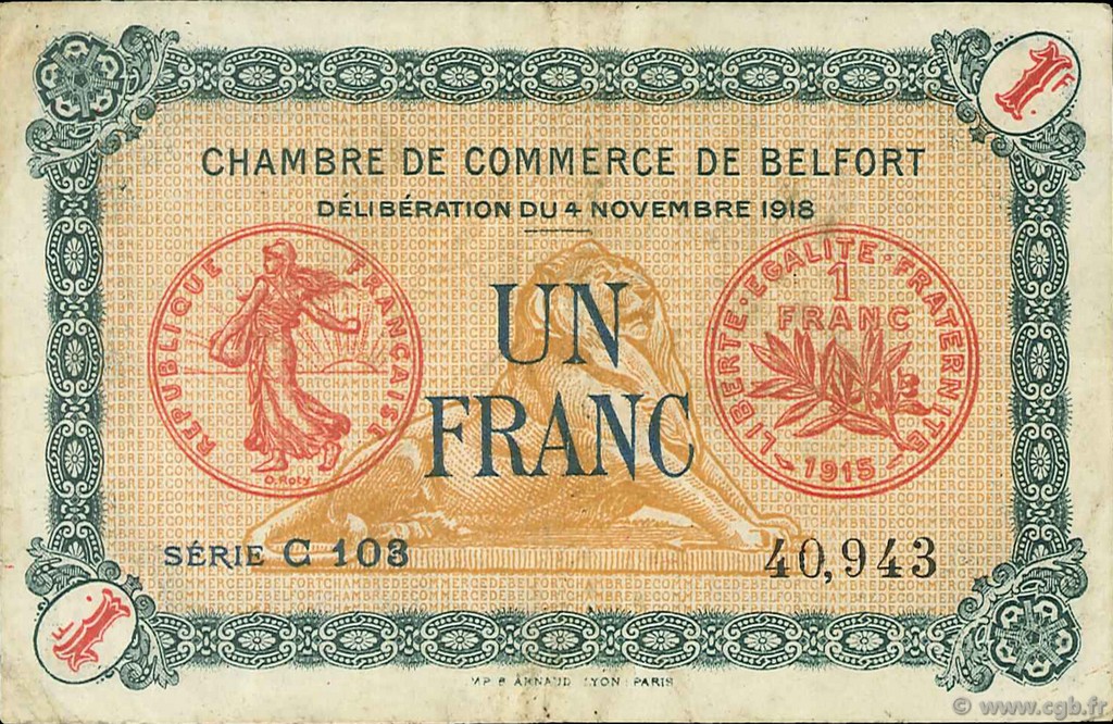 1 Franc FRANCE regionalismo e varie Belfort 1918 JP.023.37 BB to SPL