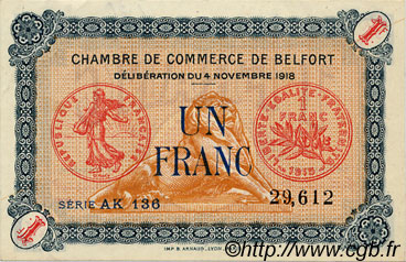 1 Franc FRANCE regionalism and miscellaneous Belfort 1918 JP.023.40 VF - XF