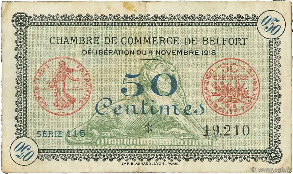 50 Centimes FRANCE regionalism and miscellaneous Belfort 1918 JP.023.41 F