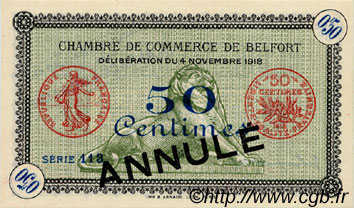 50 Centimes Annulé FRANCE regionalism and miscellaneous Belfort 1918 JP.023.43 AU+