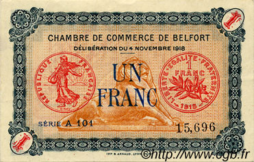 1 Franc FRANCE Regionalismus und verschiedenen Belfort 1918 JP.023.44 SS to VZ
