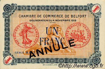 1 Franc Annulé FRANCE regionalismo e varie Belfort 1918 JP.023.46 AU a FDC