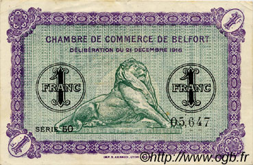 1 Franc FRANCE Regionalismus und verschiedenen Belfort 1918 JP.023.50 SS to VZ