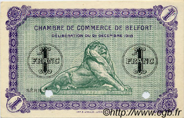 1 Franc Spécimen FRANCE regionalismo y varios Belfort 1918 JP.023.55 SC a FDC