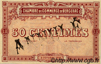 50 Centimes Annulé FRANCE regionalism and miscellaneous Bergerac 1914 JP.024.02 AU+