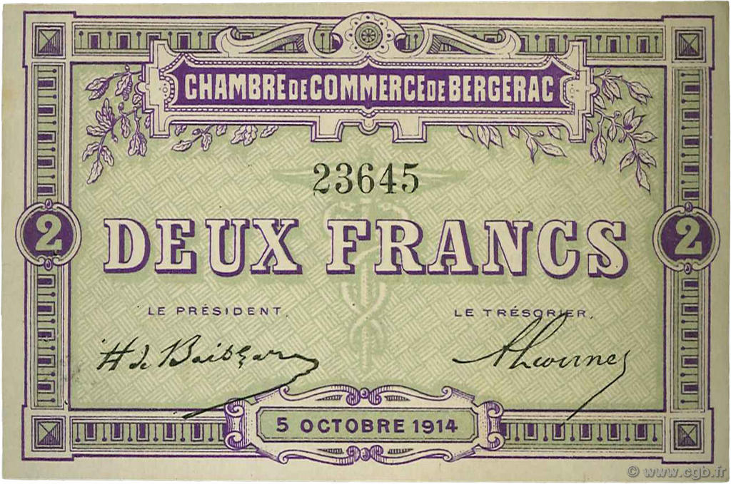 2 Francs FRANCE regionalismo e varie Bergerac 1914 JP.024.06 BB to SPL