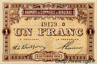 1 Franc FRANCE Regionalismus und verschiedenen Bergerac 1914 JP.024.15 fST to ST