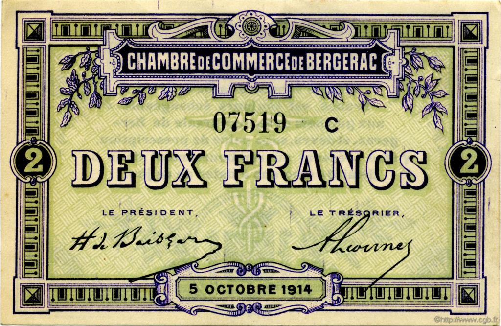 2 Francs FRANCE regionalismo e varie Bergerac 1914 JP.024.19 AU a FDC