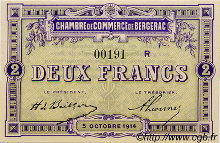 2 Francs FRANCE regionalism and miscellaneous Bergerac 1914 JP.024.22 AU+
