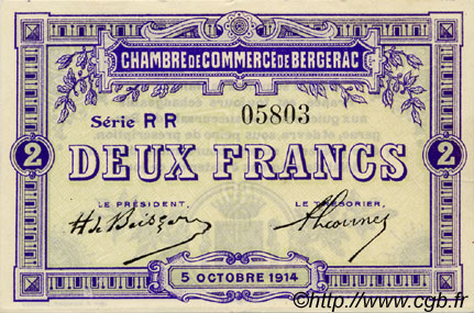 2 Francs FRANCE regionalism and miscellaneous Bergerac 1914 JP.024.23 AU+