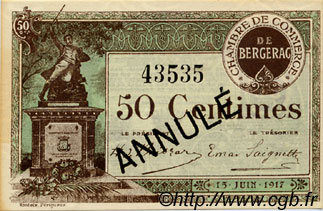 50 Centimes Annulé FRANCE regionalismo e varie Bergerac 1917 JP.024.26 AU a FDC
