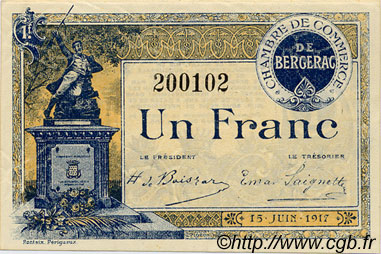 1 Franc FRANCE Regionalismus und verschiedenen Bergerac 1917 JP.024.27 fST to ST