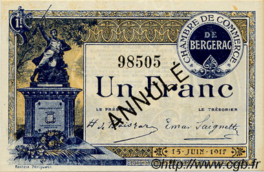 1 Franc Annulé FRANCE regionalism and miscellaneous Bergerac 1917 JP.024.29 AU+