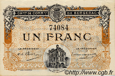 1 Franc FRANCE Regionalismus und verschiedenen Bergerac 1918 JP.024.33 fST to ST