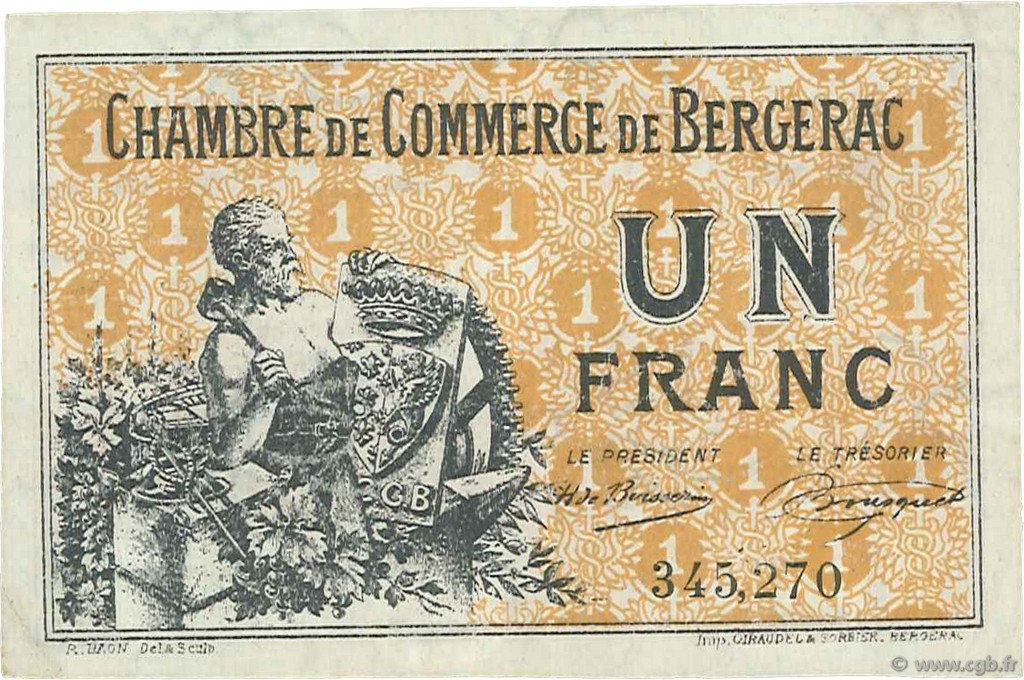 1 Franc FRANCE regionalismo y varios Bergerac 1921 JP.024.40 BC