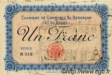 1 Franc Annulé FRANCE regionalismo y varios Besançon 1915 JP.025.09 SC a FDC