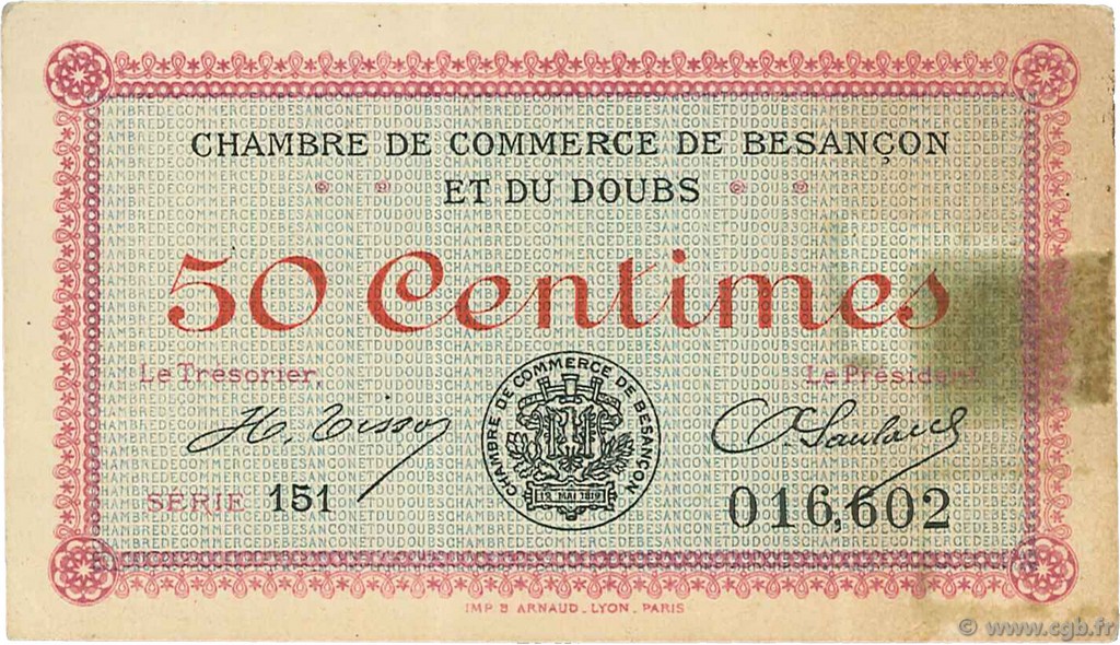 50 Centimes FRANCE regionalismo e varie Besançon 1918 JP.025.19 BB to SPL