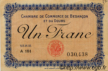 1 Franc FRANCE regionalism and miscellaneous Besançon 1918 JP.025.20 VF - XF