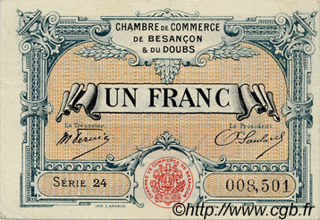 1 Franc FRANCE Regionalismus und verschiedenen Besançon 1921 JP.025.24 SS to VZ