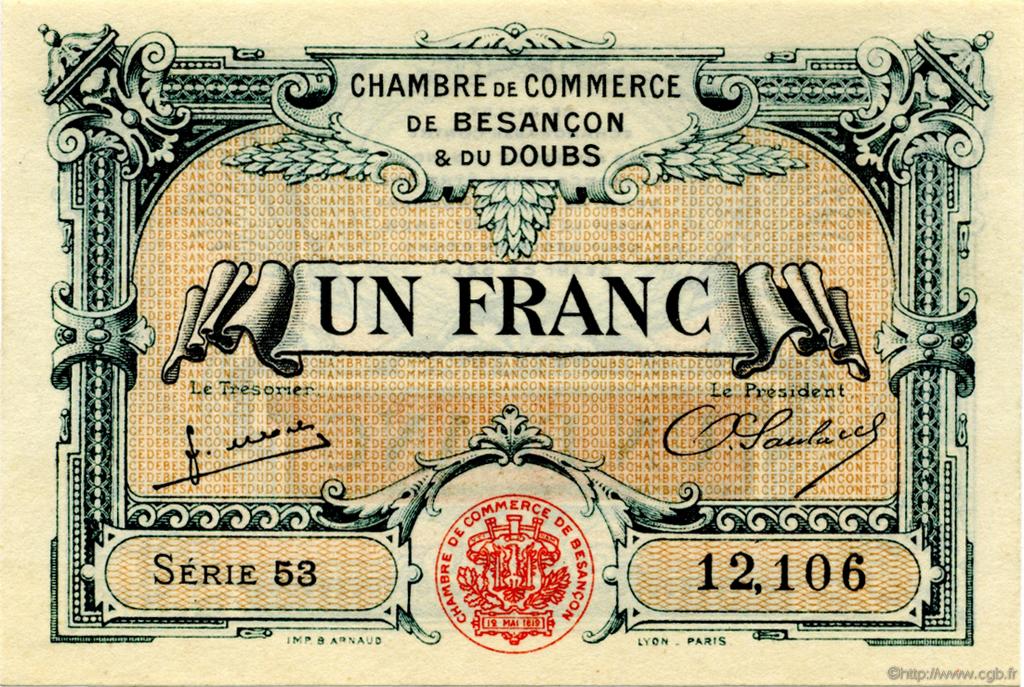 1 Franc FRANCE regionalism and various Besançon 1922 JP.025.27 AU+