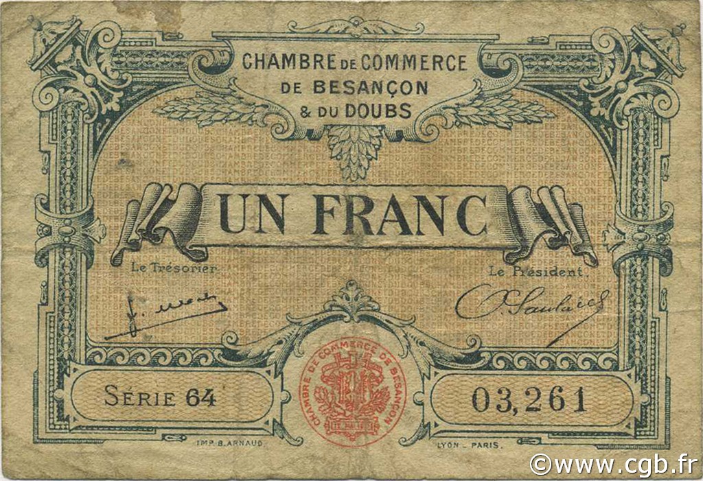 1 Franc FRANCE regionalismo y varios Besançon 1922 JP.025.27 BC