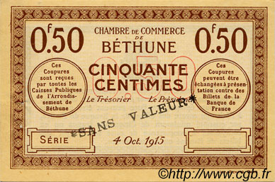 50 Centimes Spécimen FRANCE regionalism and various Béthune 1915 JP.026.03 VF - XF