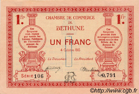 1 Franc FRANCE regionalismo e varie Béthune 1915 JP.026.06 AU a FDC
