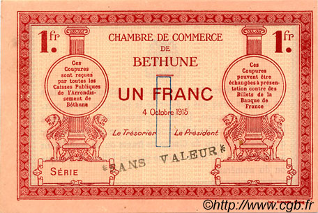 1 Franc Spécimen FRANCE regionalismo e varie Béthune 1915 JP.026.07 AU a FDC