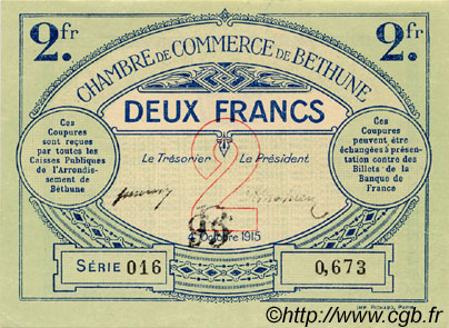 2 Francs FRANCE Regionalismus und verschiedenen Béthune 1915 JP.026.10 SS to VZ