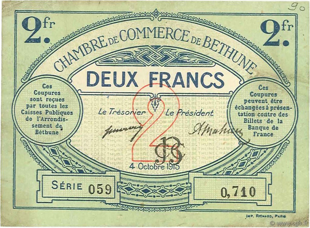 2 Francs FRANCE regionalism and various Béthune 1915 JP.026.10 F