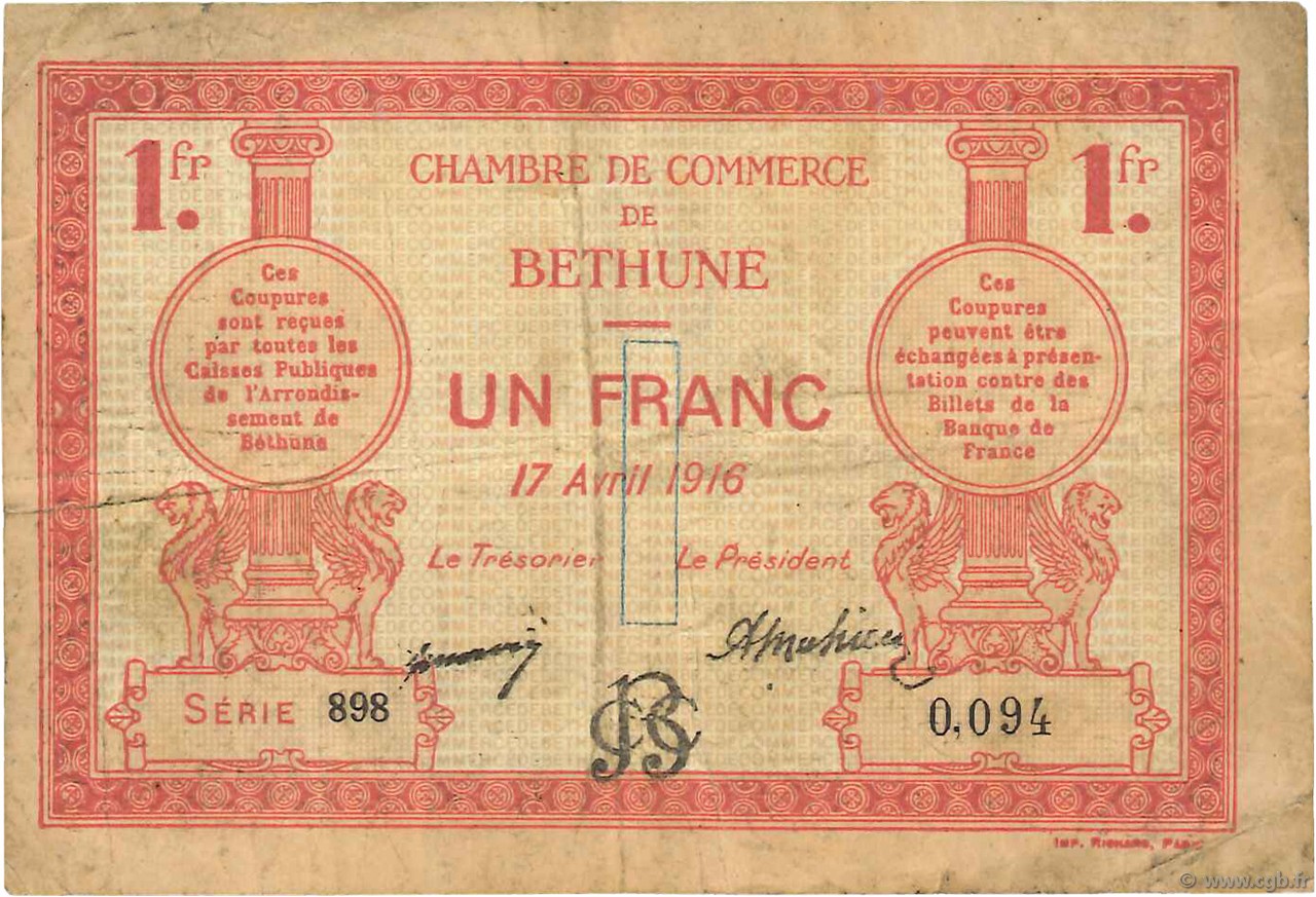 1 Franc FRANCE Regionalismus und verschiedenen Béthune 1916 JP.026.17 S