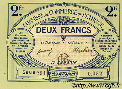2 Francs FRANCE regionalism and various Béthune 1916 JP.026.19 AU+