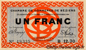 1 Franc FRANCE regionalismo e varie Béziers 1914 JP.027.08 AU a FDC