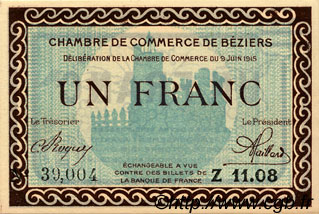 1 Franc FRANCE regionalismo e varie Béziers 1915 JP.027.10 AU a FDC