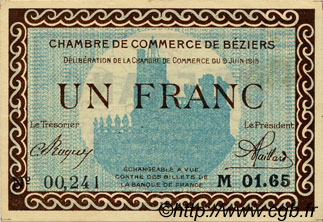 1 Franc FRANCE regionalism and various Béziers 1915 JP.027.10 VF - XF