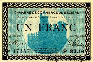 1 Franc FRANCE regionalismo e varie Béziers 1915 JP.027.13 AU a FDC