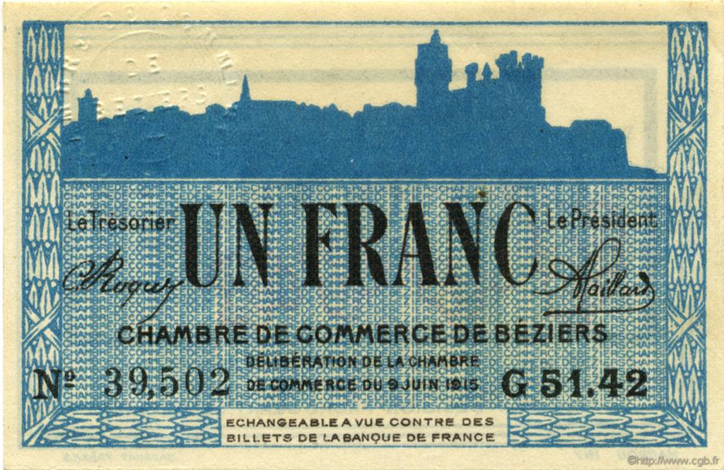 1 Franc FRANCE regionalismo e varie Béziers 1915 JP.027.15 AU a FDC