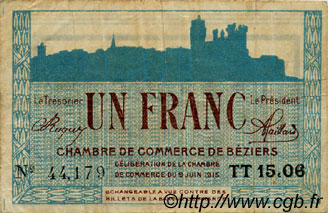 1 Franc FRANCE Regionalismus und verschiedenen Béziers 1915 JP.027.18 S