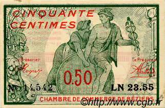 50 Centimes FRANCE regionalism and various Béziers 1916 JP.027.20 AU+