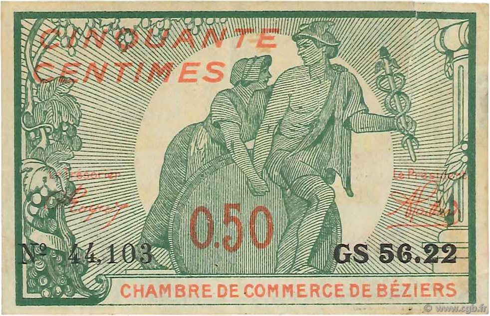 50 Centimes FRANCE regionalismo y varios Béziers 1916 JP.027.20 MBC a EBC
