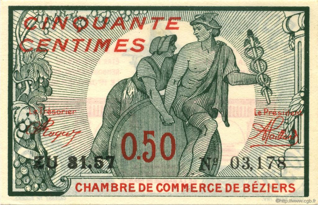 50 Centimes FRANCE regionalismo y varios Béziers 1918 JP.027.22 SC a FDC