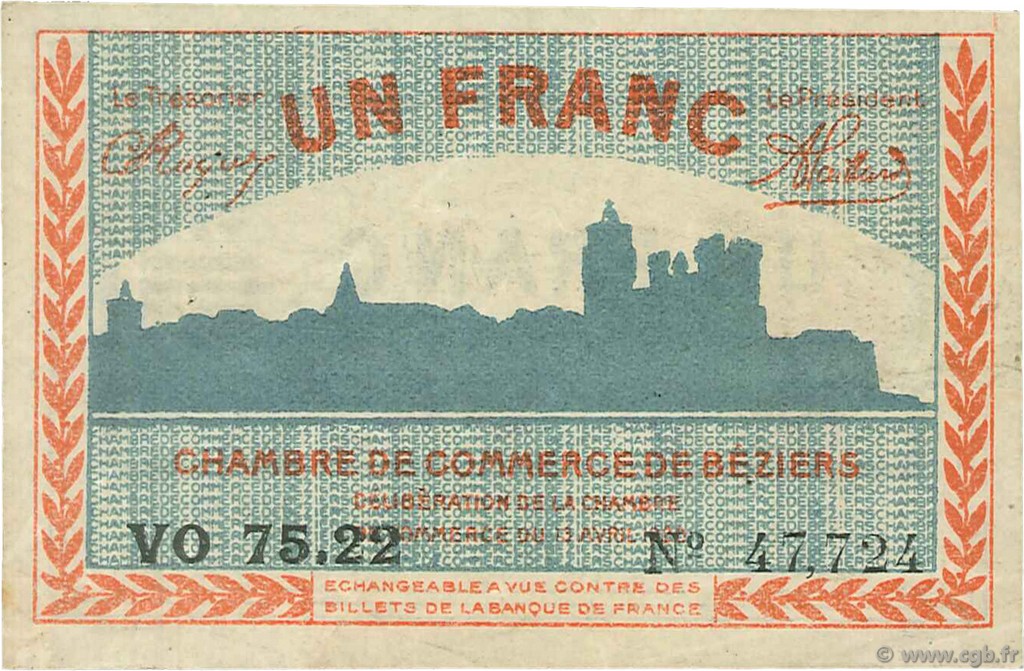 1 Franc FRANCE regionalismo y varios Béziers 1920 JP.027.28 MBC a EBC