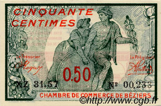 50 Centimes FRANCE regionalismo e varie Béziers 1920 JP.027.29 AU a FDC