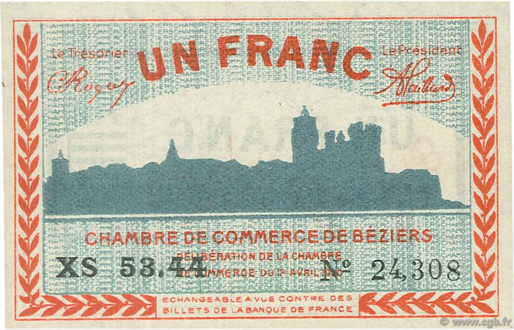 1 Franc FRANCE regionalismo y varios Béziers 1920 JP.027.30 SC a FDC