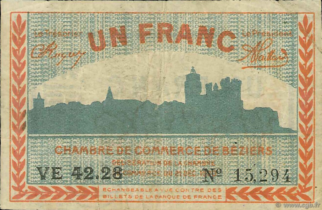 1 Franc FRANCE Regionalismus und verschiedenen Béziers 1920 JP.027.31 S