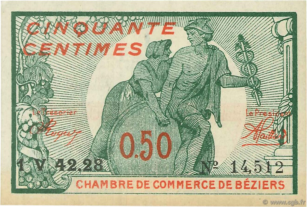 50 Centimes FRANCE regionalismo y varios Béziers 1921 JP.027.32 SC a FDC